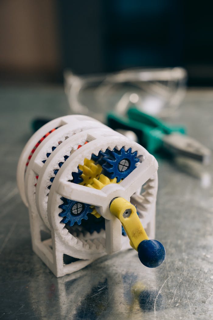A detailed view of a multicolored mechanical gear toy placed on a metal surface with tools in the background.